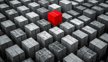 In a world of conformity, one unique choice stands out. A single red box shines brightly amidst a sea of monochrome packages, symbolizing individuality, leadership, and the courage to be different.の素材