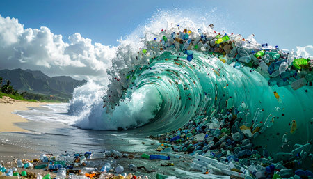 A powerful ocean wave, typically a symbol of nature's raw beauty, curls towards a pristine tropical shore.の素材