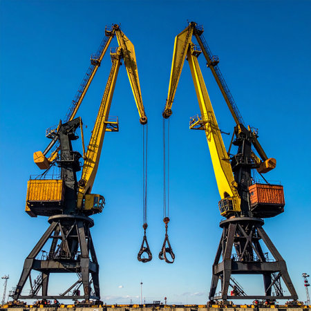 Two massive yellow cranes stand as silent sentinels against a brilliant blue sky, their symmetrical forms representing the power and precision of global trade.の素材