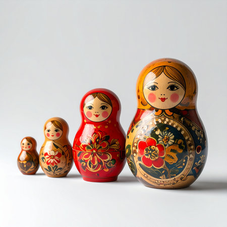 A family of four traditional, hand-painted Russian matryoshka nesting dolls stand in a line, arranged by size.の素材