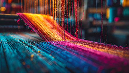 A mesmerizing close-up captures the intricate dance of countless vibrant threads on an industrial loom.の素材