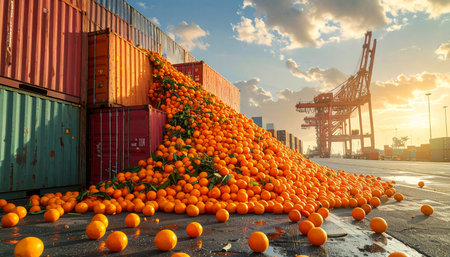 At a busy shipping port during a dramatic sunset, a catastrophic failure occurs as a shipping container bursts open, spilling thousands of fresh oranges onto the ground.の素材