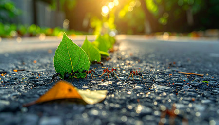 Against all odds, a tiny green sprout pushes through a crack in the dark asphalt, reaching for the warm, golden light of a new day.の素材