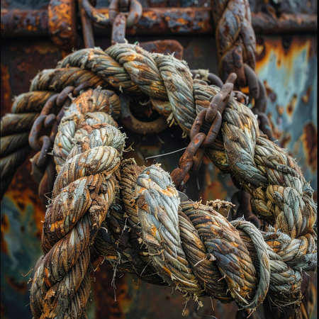 Close-up detail of a thick, weathered mooring rope, its fibers frayed and stained by time and tide.の素材
