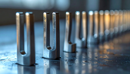 A line of precisely machined metal components stands ready for the next stage of assembly.の素材