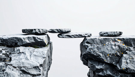 A simple yet precarious bridge made of flat stones spans the divide between two rugged cliffs.の素材