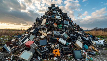 A monumental pyramid of discarded electronics stands against a dramatic sky, a stark symbol of technological progress and its environmental cost.の素材