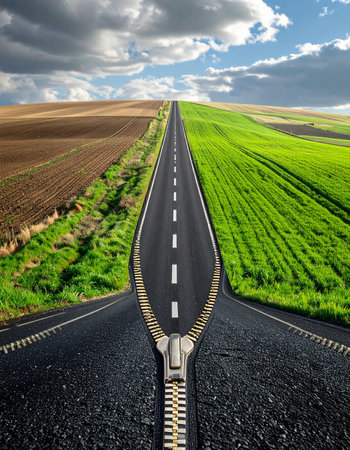 A surreal highway unzips to reveal the path forward, splitting between a barren past and a vibrant, fertile future.の素材