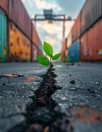 In the heart of an industrial landscape, amidst towering shipping containers and cold pavement, a single green sprout defies the odds.の素材