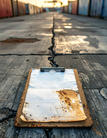 An old, stained clipboard lies abandoned on a deeply cracked path, its blank page a silent testament to a forgotten task or a project left undone.の素材