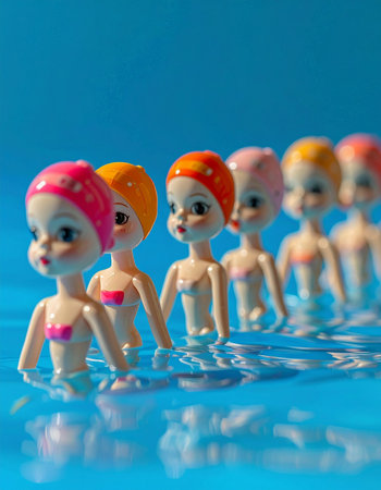 A team of vintage toy swimmers stands in perfect formation, ready for their synchronized performance.の素材
