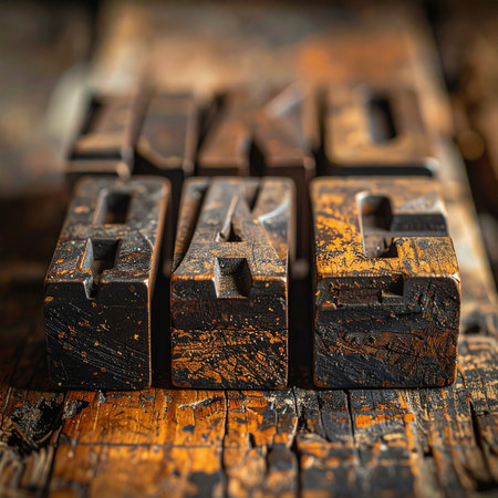 A close-up shot captures the rich texture and history of antique wooden letterpress blocks resting on a worn workshop bench.の素材