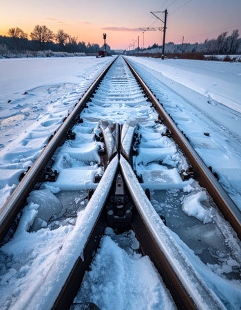 As the winter sun rises, its gentle light illuminates a frozen railway switch, casting a warm glow on the cold, snow-covered tracks.の素材