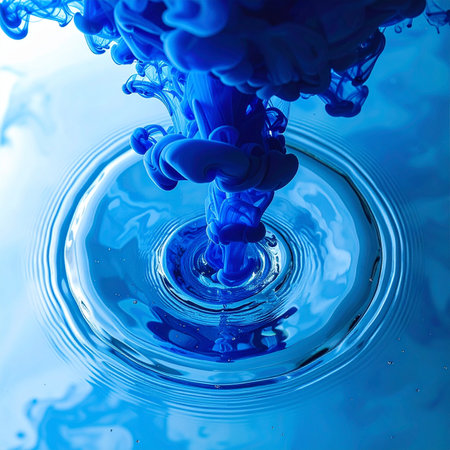 A single drop of vibrant blue ink plunges into clear water, instantly blossoming into an ethereal, cloud-like formation.の素材