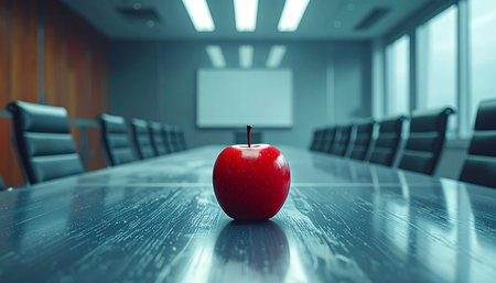 A single, vibrant red apple sits at the center of a long, polished conference table in an empty boardroom.の素材