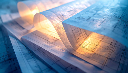 A warm, internal glow illuminates rolled architectural blueprints, symbolizing the spark of a new idea and the dawn of a construction project.の素材