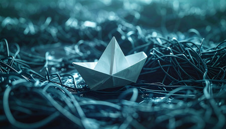 A single, delicate paper boat rests on a chaotic tangle of dark roots, illuminated by a mysterious blue light.の素材