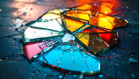 A once-perfect compact disc lies shattered on a wet, dark surface, its fragments catching the light to create a stunning, accidental rainbow.の素材