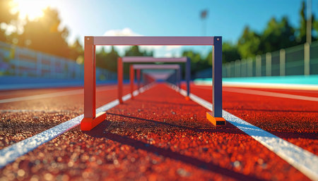 A row of hurdles stands ready on a vibrant red running track, bathed in the warm glow of the sun.の素材