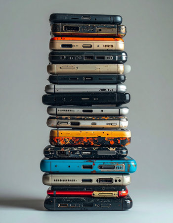 A towering stack of outdated smartphones stands as a monument to rapid technological advancement and the growing challenge of electronic waste.の素材
