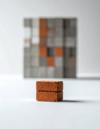 Two miniature bricks stand in sharp focus, representing the essential starting point of a larger project. In the blurred background, the completed structure looms, symbolizing the future goal.の素材