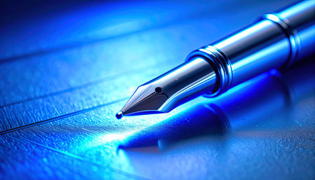 A close-up captures the timeless elegance of a fountain pen's nib, poised to write.の素材