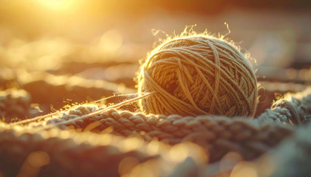 A ball of soft, natural wool yarn rests on a handmade blanket, bathed in the warm, golden glow of a setting sun.の素材