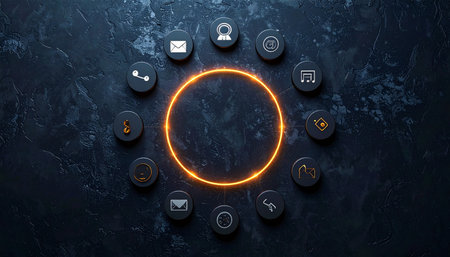 A central, glowing ring of energy connects a universe of digital services and communication icons.の素材
