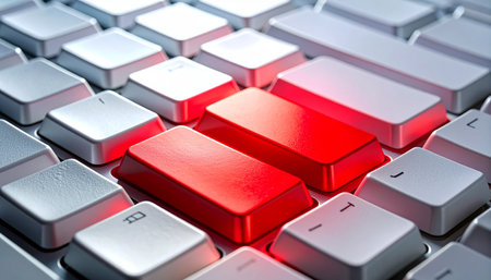 In a sea of standard commands, two glowing red keys stand out, representing a critical choice or an urgent action.の素材