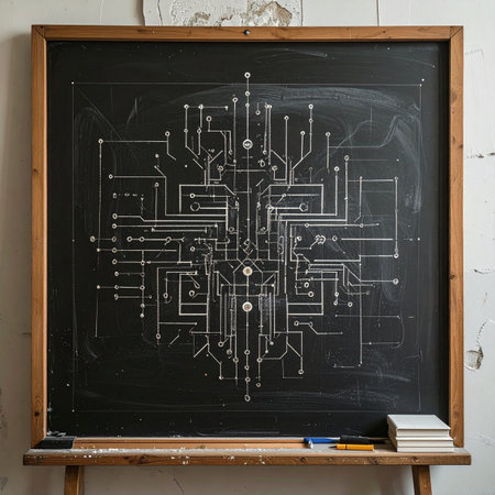 A complex circuit board schematic is meticulously hand-drawn on a classic classroom chalkboard.の素材