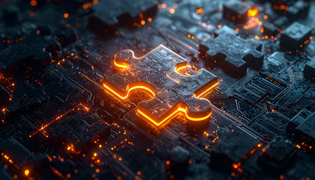 In the heart of a complex digital landscape, a single puzzle piece glows with brilliant energy, symbolizing the perfect solution and the critical component that completes the system.の素材