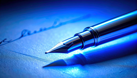 In a dramatic blue light, the nib of a classic fountain pen rests on a document, poised to make a final, important mark.の素材