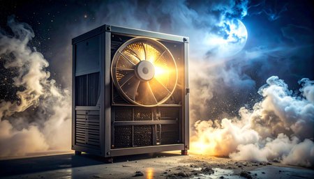 In a dramatic scene under a full moon, a high-performance computer hums with immense power.の素材