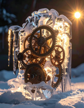 A collection of rusty, vintage gears are frozen solid within a block of ice, creating a surreal steampunk sculpture.の素材