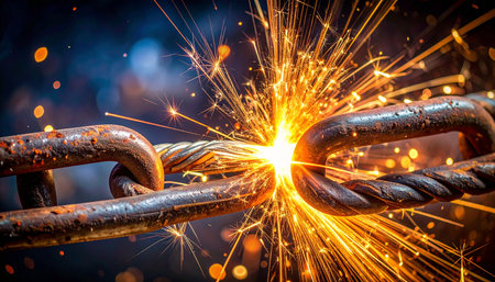 A rusty, heavy-duty chain reaches its breaking point under immense stress.の素材