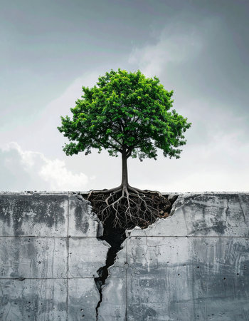 A powerful symbol of resilience and determination, a single green tree defies the odds by breaking through a solid concrete wall.の素材