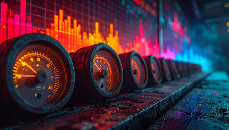 In a high-tech control room, a row of industrial gauges meticulously tracks critical performance metrics against a vibrant, fluctuating digital display of market data.の素材