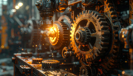The intricate heart of a powerful engine glows with thermal energy as complex gears and cogs work in perfect unison.の素材