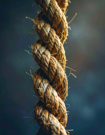 A detailed close-up of a thick, natural fiber rope, its strands tightly twisted together, symbolizing strength, tension, and resilience.の素材