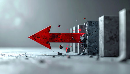 A powerful red arrow smashes through a line of solid barriers, symbolizing unstoppable force and determination.の素材