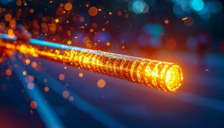 A macro view of a fiber optic cable glowing with intense golden light, symbolizing the rapid transfer of data.の素材