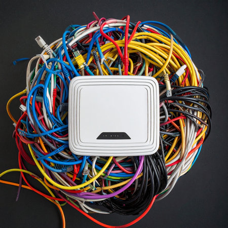 A modern white wireless router sits atop a chaotic nest of tangled, colorful cables, symbolizing the complexity and clutter of modern digital life.の素材