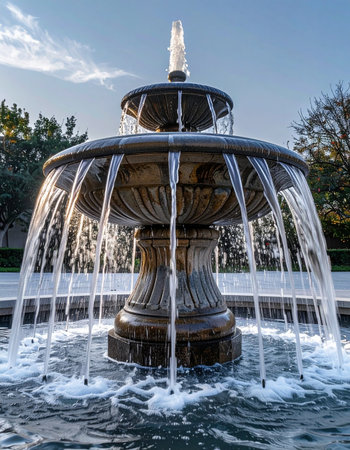 A magnificent tiered water fountain serves as the centerpiece of a tranquil park. Water gracefully cascades down its ornate, classical structure, creating a soothing sound and a refreshing mist.の素材
