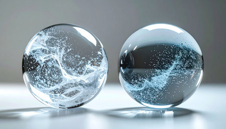 Two pristine glass spheres rest on a reflective surface, each containing a mesmerizing dance of captured energy waves.の素材