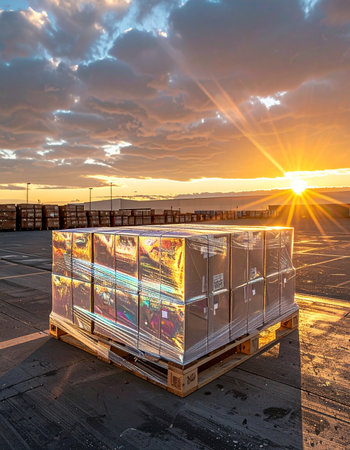 As the sun sets over an industrial yard, a pallet of goods wrapped and ready for shipment catches the last golden rays.の素材