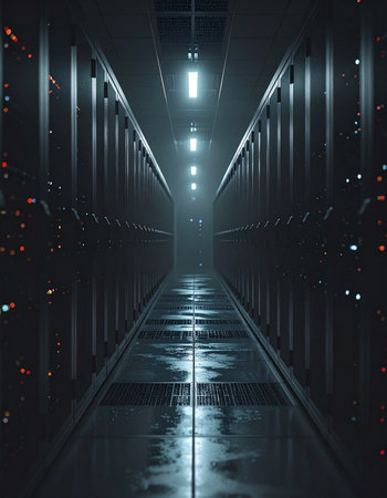 A long, dark corridor stretches into the distance, lined with towering server racks that hum with processing power.の素材
