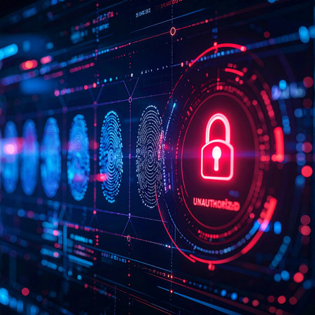 A futuristic digital interface displays a biometric fingerprint scan in progress.の素材