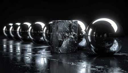 In a dark, reflective space, a perfect line of polished metallic spheres is dramatically interrupted by a single, raw ice cube.の素材