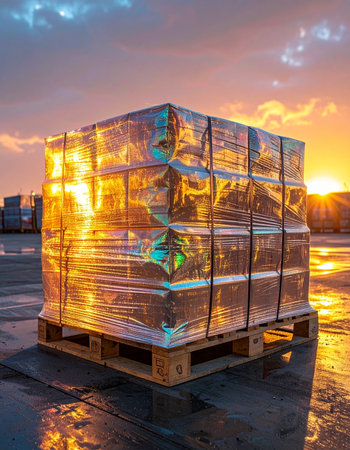 As the sun sets in a blaze of orange and gold, a securely wrapped pallet of cargo stands ready on the wet tarmac.の素材