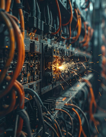 In the heart of a complex server farm, a critical system overloads, sending a shower of sparks through the intricate wiring.の素材